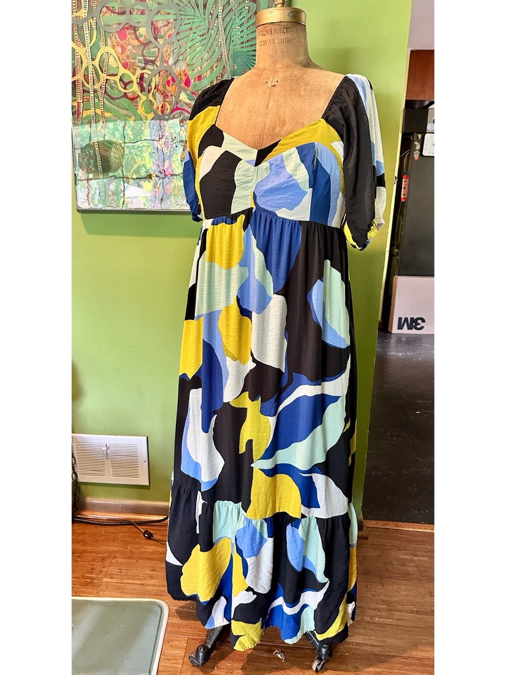 Nine West Colorblock Abstract Maxi Dress in Black, Blue, Yellow
